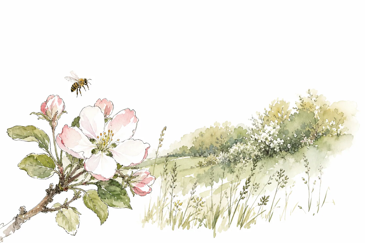 Handgezeichnete Apfelblüte mit Biene, Wiese und Hecke
