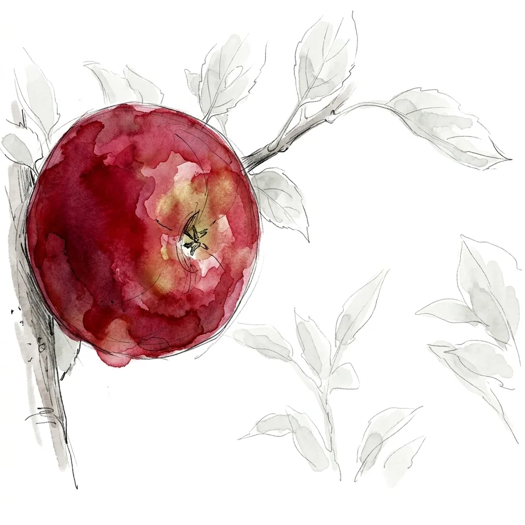 Minimalistische Illustration eines dunkelroten Apfels am Zweig
