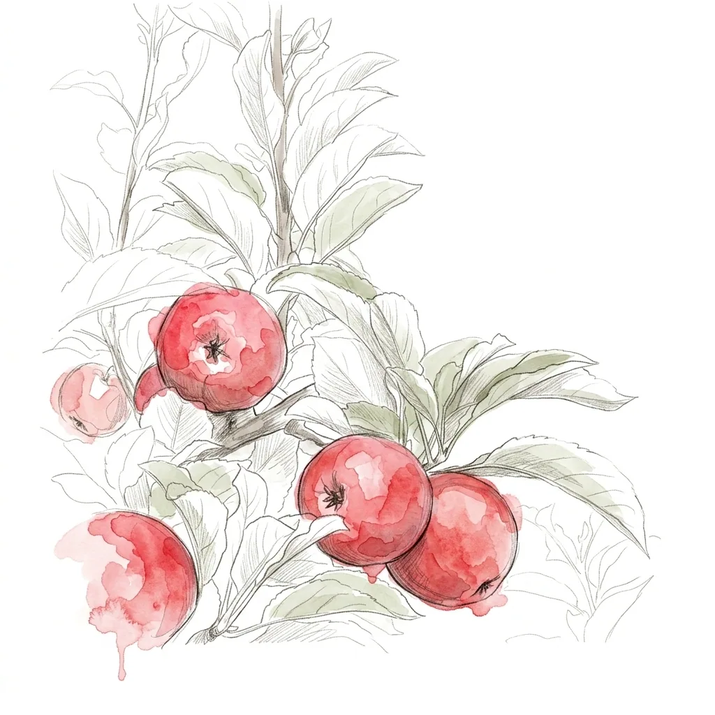 Lockere Illustration rot-gelber Äpfel an einem belaubten Zweig