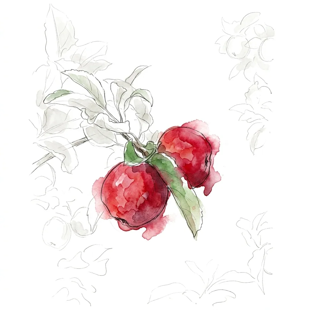 Lockere handgezeichnete Illustration zweier roter Äpfel am Zweig