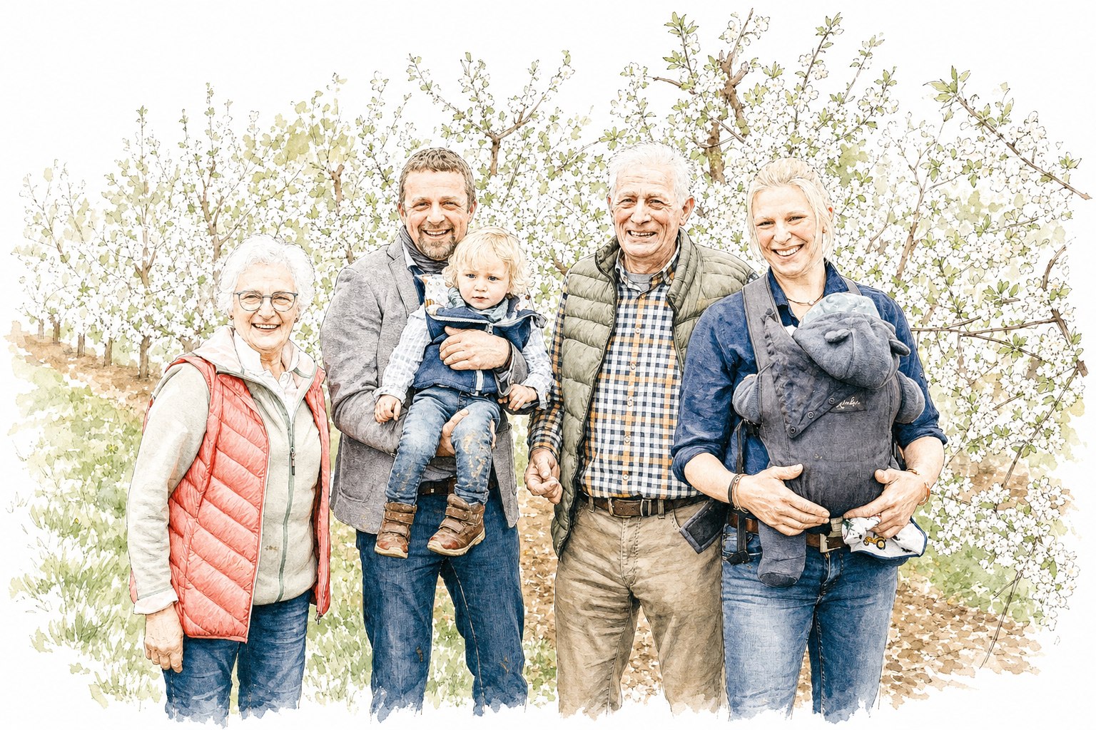 Handgezeichnetes Aquarellporträt der Familie Zabel zwischen blühenden Obstbäumen