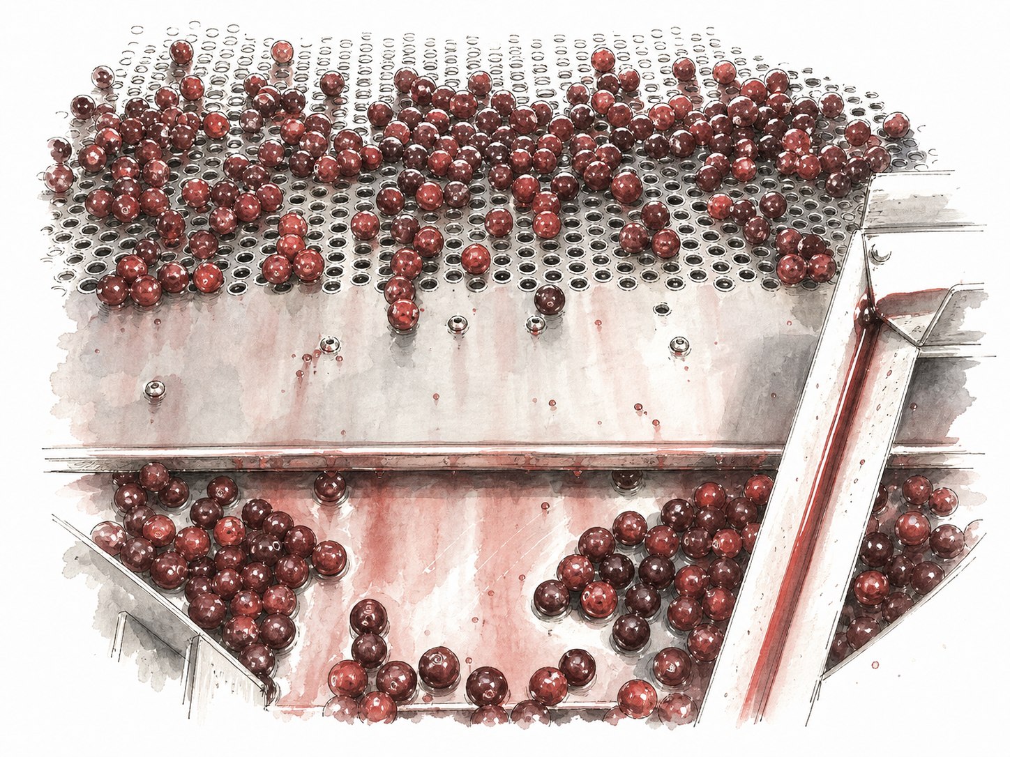 Handgezeichnete Aquarellillustration von Sauerkirschen auf der Entsteinungsmaschine