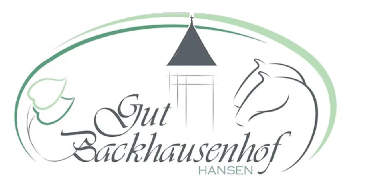 Logo von Gut Backhausenhof mit Turm, Pferd und Blatt